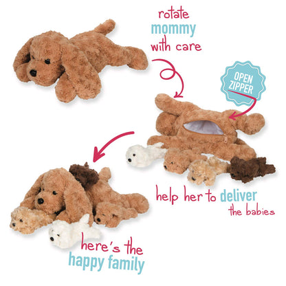 PixieCrush Dog Stuffed Animals for Girls Ages 3-8 - Mommy Labradoodle with 4 Puppies- Magical Dog Pillow Plushie - Enchanting Puppy Surprise Toys for Imaginative Play