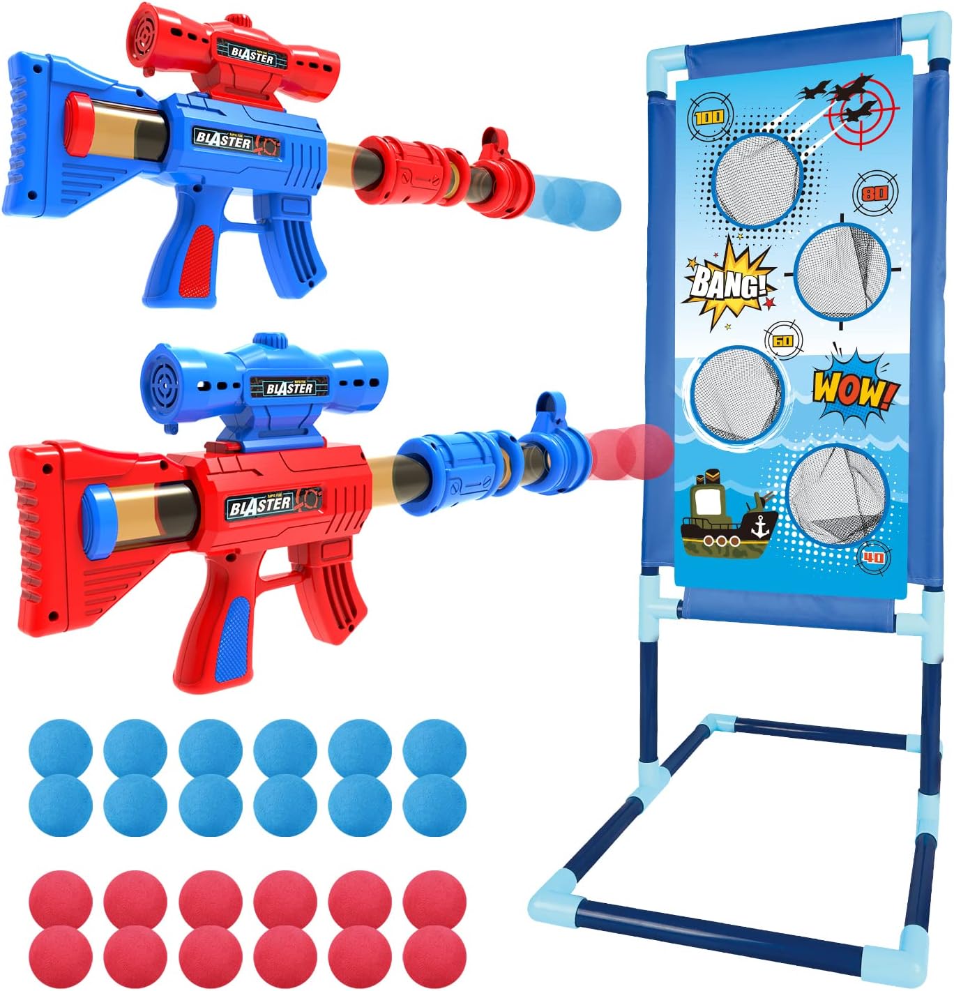 OleFun Shooting Game Toy for Age 6, 7, 8,9,10+ Years Old Kids, Boys - 2 Foam Ball Popper Air Guns & Shooting Target & 24 Foam Balls - Ideal Gift