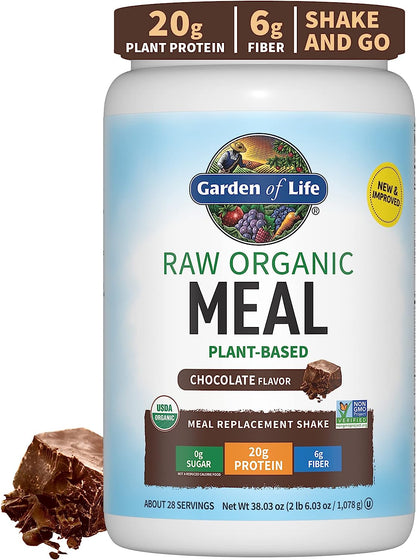 Garden of Life Raw Organic Meal Replacement Shakes - Chocolate Plant Based Vegan Protein Powder, Pea Protein, Sprouts, Greens, Probiotics, Dairy Free All in One Shake for Women and Men, 28 Servings