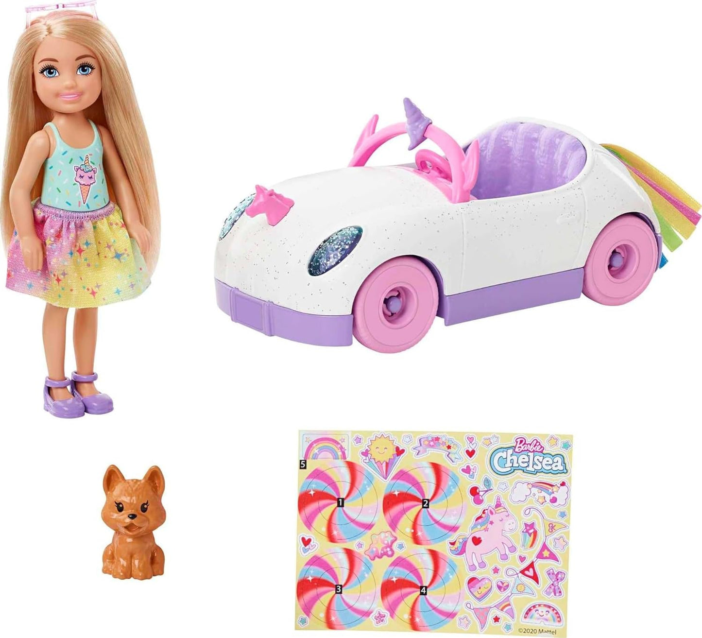 Barbie Club Chelsea Doll (6-inch Blonde) with Open-Top Rainbow Unicorn-Themed Car, Pet Puppy, Sticker Sheet & Accessories, For 3 to 7 Year Olds