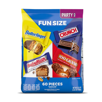 Butterfinger, CRUNCH, Baby Ruth and 100 Grand, Bulk 60 Pack, Assorted Fun Size Candy Bars, Easter Basket Stuffers, 37.2 oz