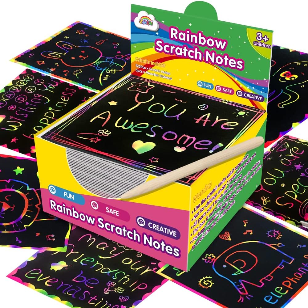 ZMLM Rainbow Scratch Mini Art Notes - 125 Magic Scratch Paper Note Cards for Kids Toy Arts Crafts DIY Party Favor Supplies for Girls Boys Birthday Halloween Christmas Stocking Stuffer Gift Box