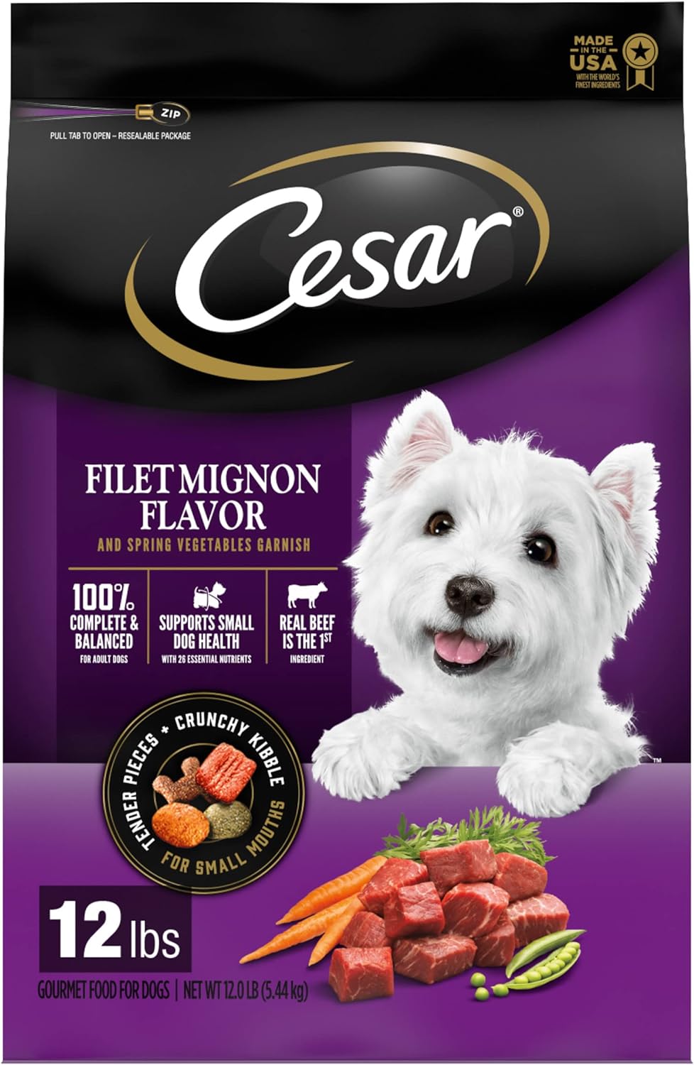 CESAR Small Breed Adult Dry Dog Food Filet Mignon Flavor with Spring Vegetables Garnish Dog Kibble, 12 lb. Bag