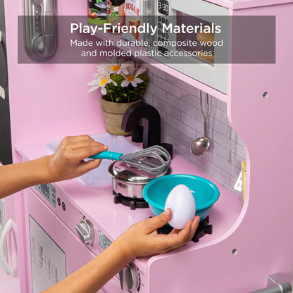 Best Choice Products Pretend Play Kitchen Wooden Toy Set for Kids w/Realistic Design, Telephone, Utensils, Oven, Microwave, Sink - Pink