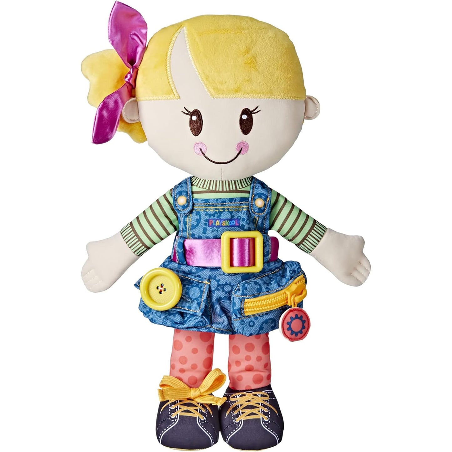 Playskool Dressy Kids Doll with Blonde Hair and Bow, Activity Plush Toy with Zipper, Shoelace, Button, for Ages 2 and Up (Amazon Exclusive)
