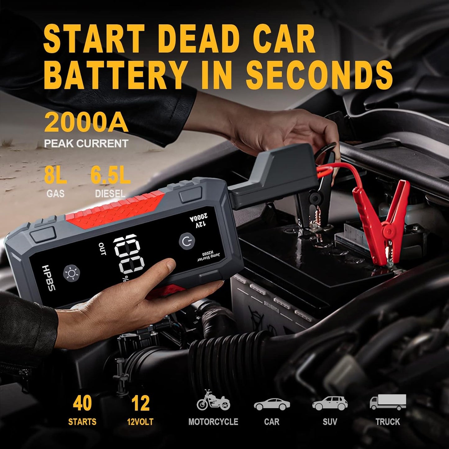 HPBS Jump Starter - 2000A Car Battery Jump Starter for Up to 8L Gas and 6.5L Diesel Engines, 12V Portable Jump Starter Battery Pack with 3.0" LCD Display