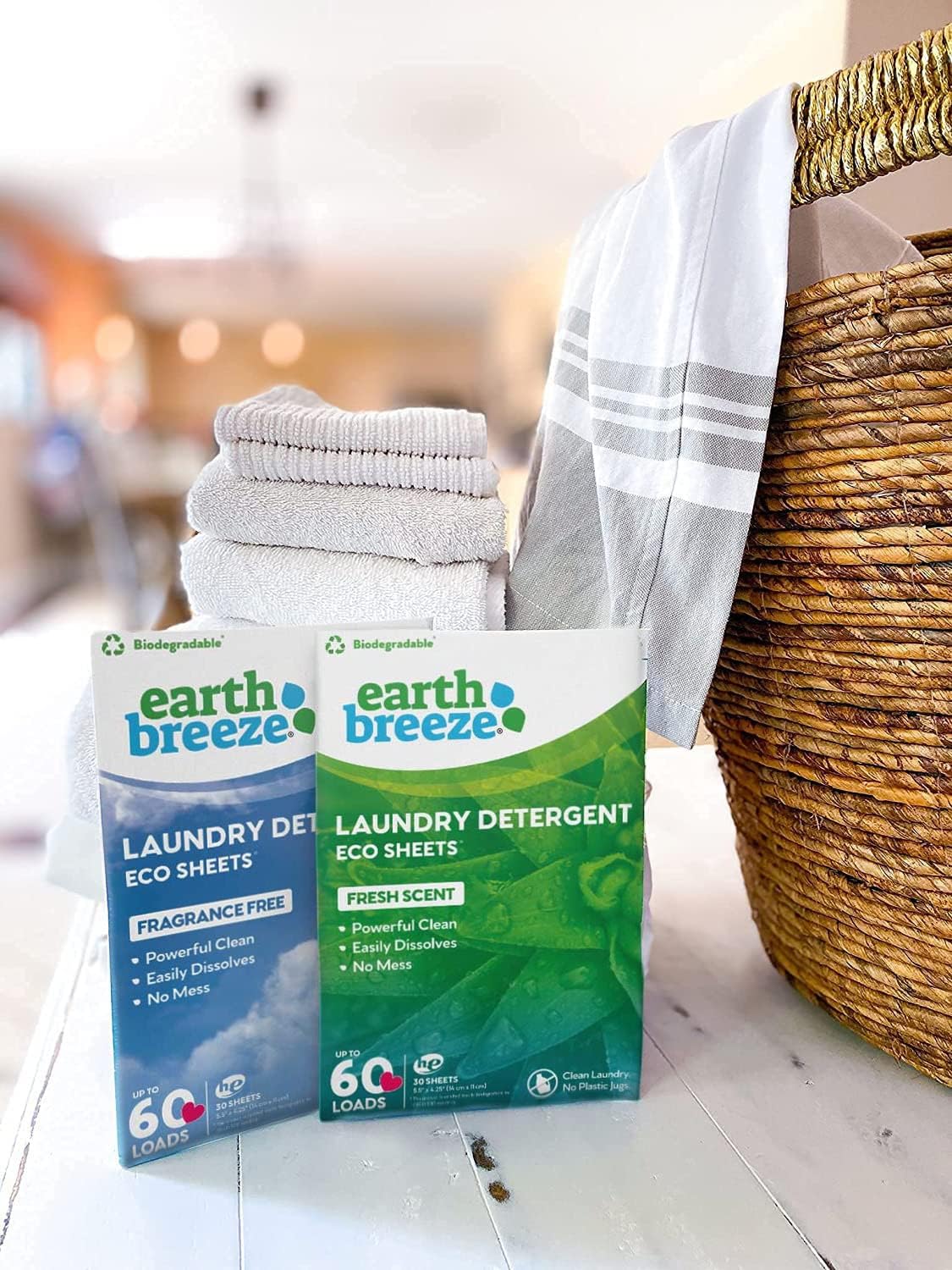 Earth Breeze Laundry Detergent Sheets - Fresh Scent - No Plastic Jug (60 Loads) 30 Sheets, Liquidless Technology