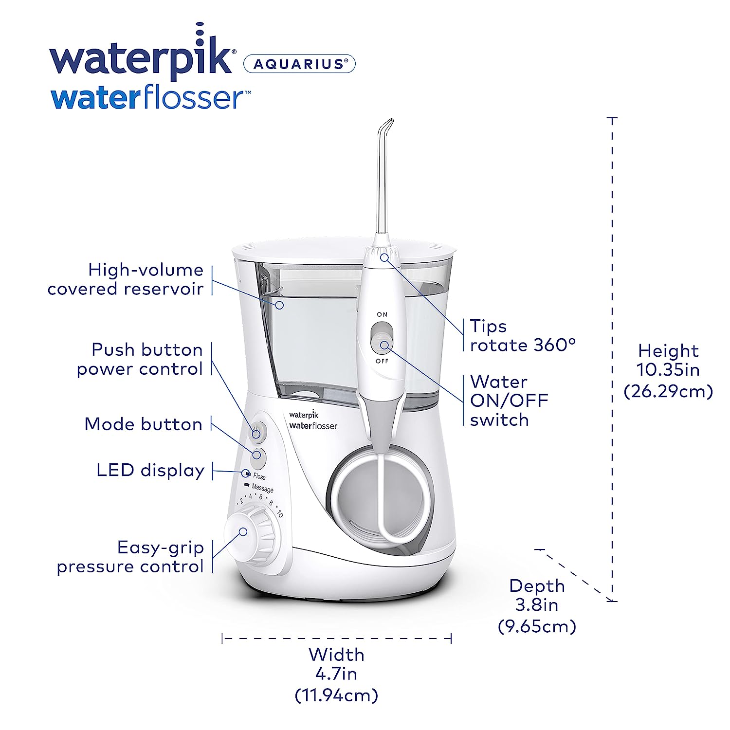 Waterpik Aquarius Water Flosser Professional For Teeth, Gums, Braces, Dental Care, Electric Power With 10 Settings, 7 Tips For Multiple Users And Needs, ADA Accepted, White WP-660