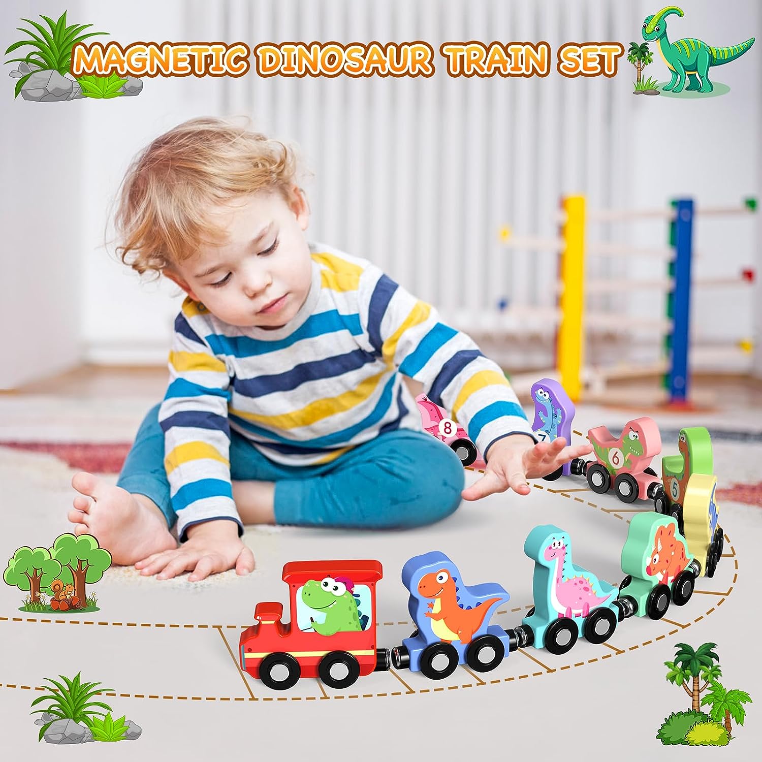 Zeoddler Toys for Toddlers, 11 PCS Magnetic Wooden Dinosaur Train Set, Montessori Toys for Toddlers, Preschool Educational Material for Kids, Birthday Gifts for Boys, Girls