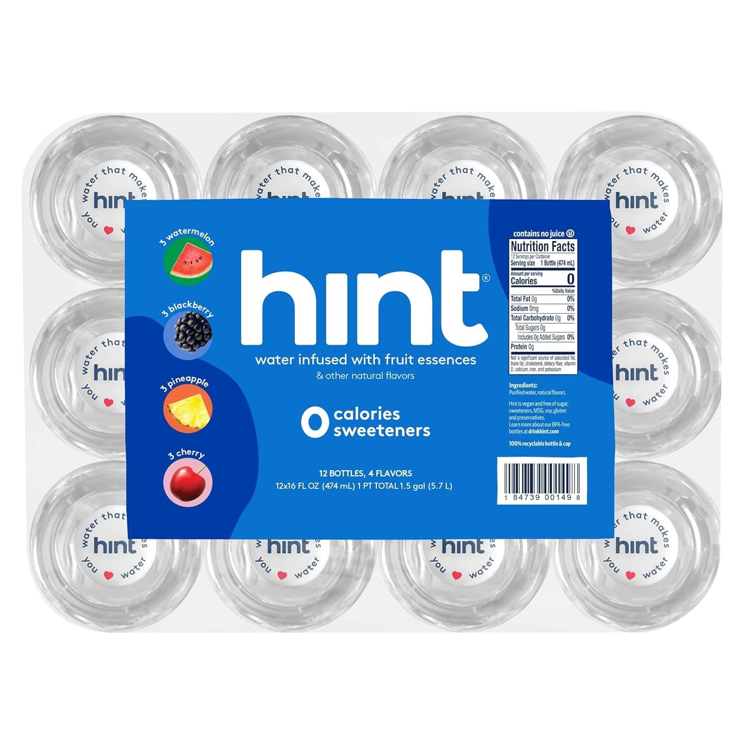 Hint Water Best Sellers Pack (Pack of 12), 16 Ounce Bottles, 3 Bottles Each of: Watermelon, Blackberry, Cherry, and Pineapple, Zero Calories, Zero Sugar and Zero Sweeteners