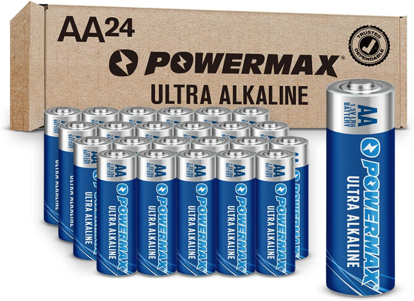 Powermax 24-Count AA Batteries, Ultra Long Lasting Alkaline Battery, 10-Year Shelf Life, Reclosable Packaging