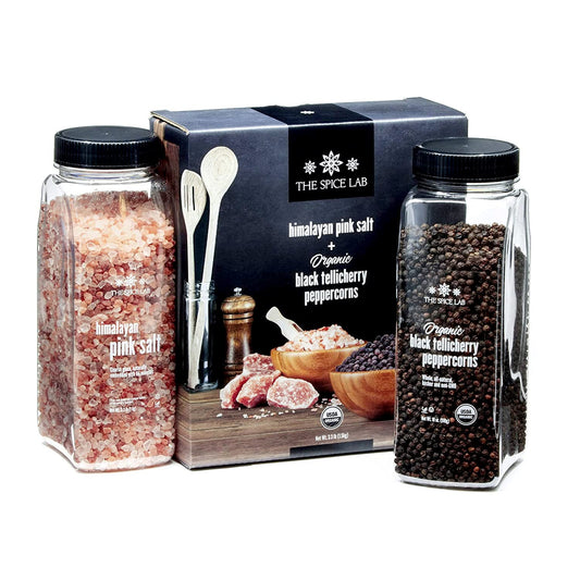 The Spice Lab Pink Himalayan Salt Coarse 2.2 Pound Tub & USDA Organic Tellicherry Peppercorns 18oz Tub - Combo Salt and Pepper Gift Pack - Peppercorns for Grinder