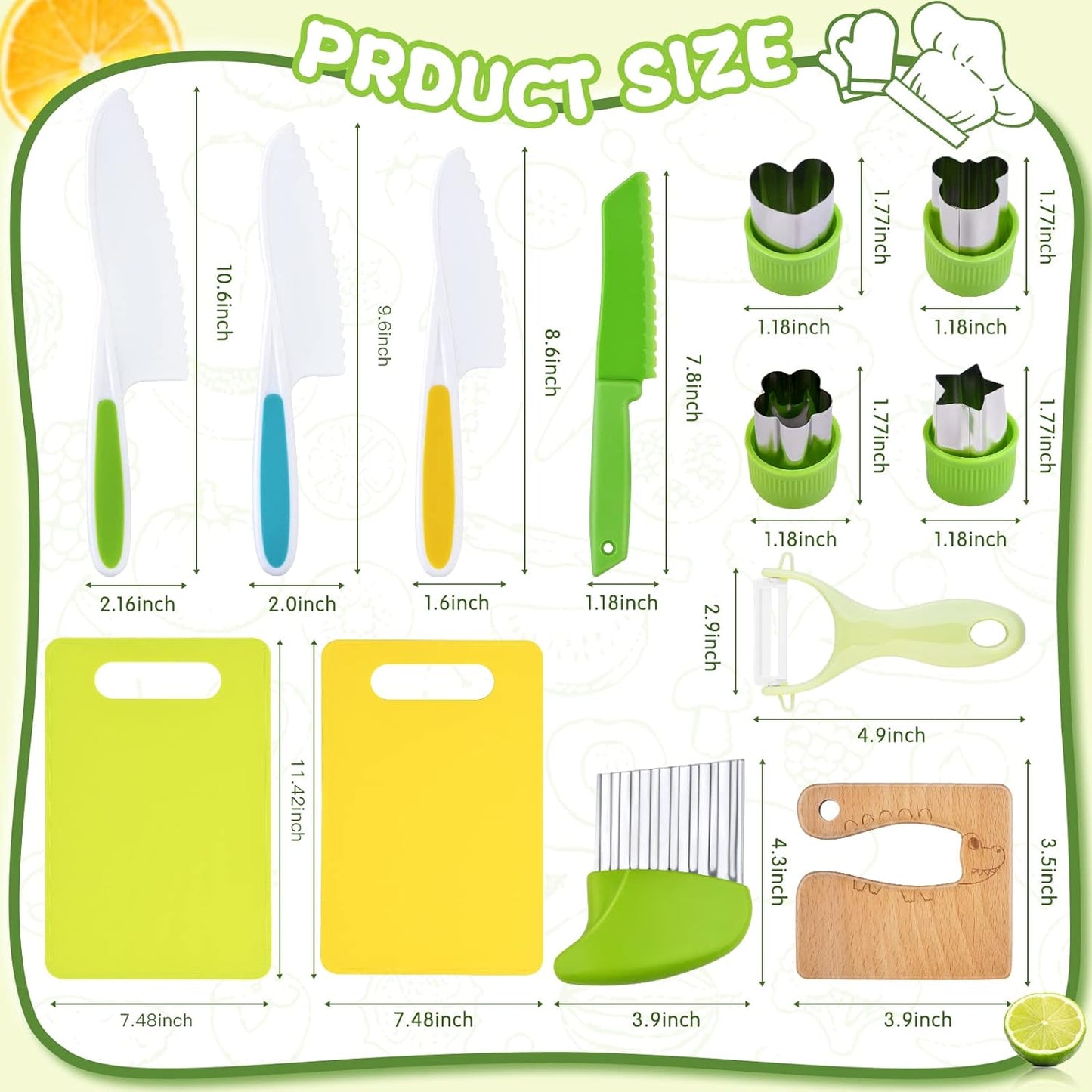 Yeeammk 13 Pieces Montessori Kitchen tools for Toddlers-Kids Cooking sets Real-Toddler Safe Knives Set for Real Cooking with Plastic Toddler Safe Knives Crinkle Cutter Kids Cutting Board