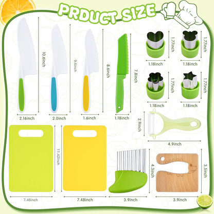 Yeeammk 13 Pieces Montessori Kitchen tools for Toddlers-Kids Cooking sets Real-Toddler Safe Knives Set for Real Cooking with Plastic Toddler Safe Knives Crinkle Cutter Kids Cutting Board