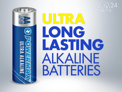 Powermax 24-Count AA Batteries, Ultra Long Lasting Alkaline Battery, 10-Year Shelf Life, Reclosable Packaging