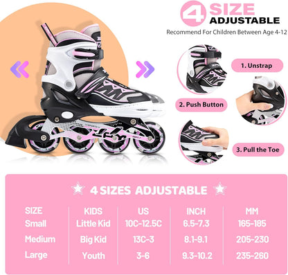 2PM SPORTS Cytia Pink Girls Adjustable Illuminating Inline Skates with Light up Wheels, Fun Flashing Beginner Roller Skates for Kids