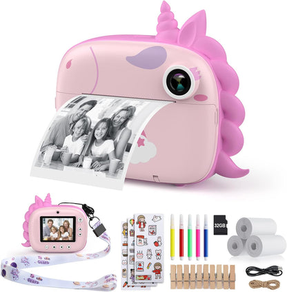 HiMont Camera Instant Print, Digital Camera for Kids with Zero Ink Print Paper & 32G TF Card, Selfie Video Camera with Color Pens & Photo Clips for DIY, Gift for Girls Boys 3-12 Years Old (Pink)