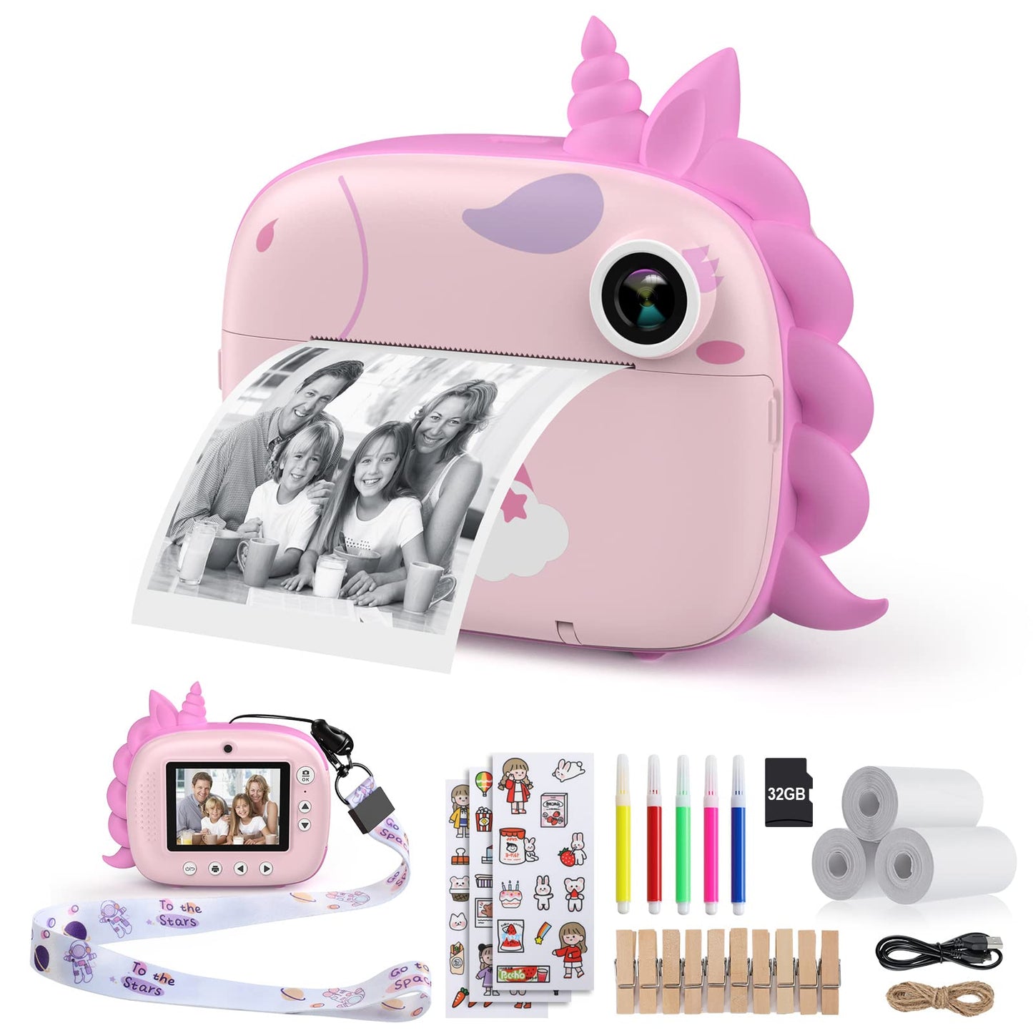 HiMont Camera Instant Print, Digital Camera for Kids with Zero Ink Print Paper & 32G TF Card, Selfie Video Camera with Color Pens & Photo Clips for DIY, Gift for Girls Boys 3-12 Years Old (Pink)