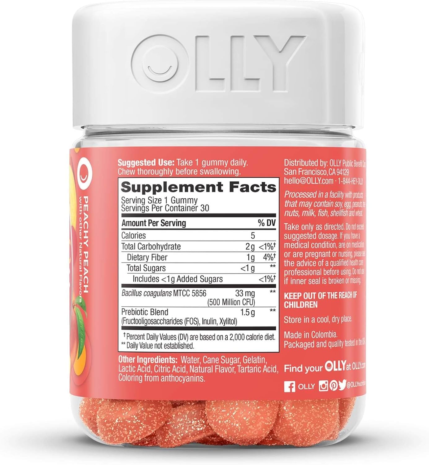 OLLY Probiotic + Prebiotic Gummy, Digestive Support and Gut Health, 500 Million CFUs, Fiber, Adult Chewable Supplement for Men and Women, Peach, 30 Day Supply - 30 Count