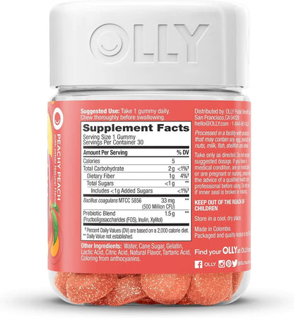 OLLY Probiotic + Prebiotic Gummy, Digestive Support and Gut Health, 500 Million CFUs, Fiber, Adult Chewable Supplement for Men and Women, Peach, 30 Day Supply - 30 Count