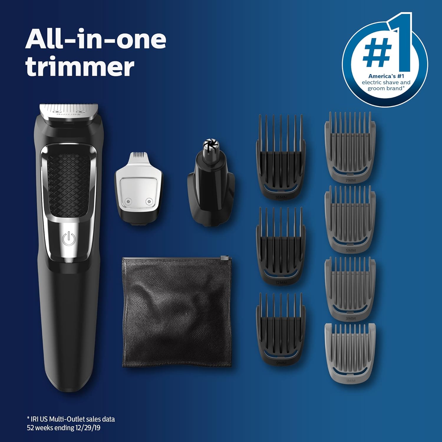 Philips Norelco Multigroomer All-in-One Trimmer Series 3000, 13 Piece Mens Grooming Kit, for Beard, Face, Nose, and Ear Hair Trimmer and Hair Clipper, NO Blade Oil Needed, MG3750/60