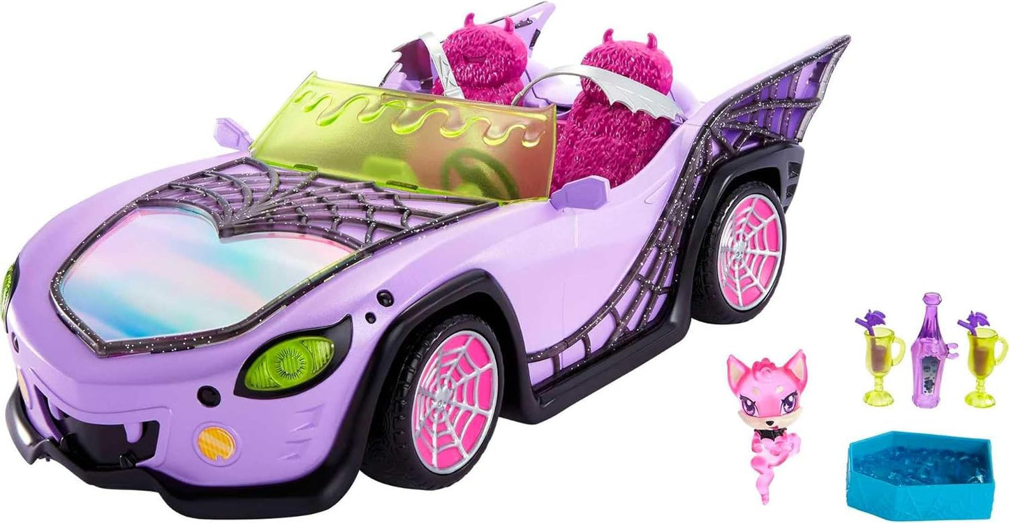 Monster High Toy Car, Ghoul Mobile with Pet and Cooler Accessories, Purple Convertible with Spiderweb Details Large, 4 years and older
