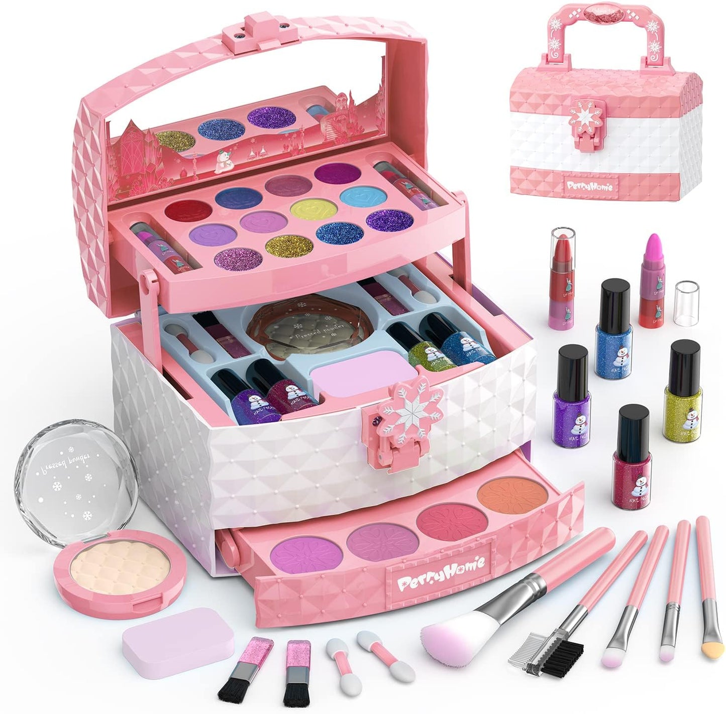 PERRYHOME Kids Makeup Kit for Girl 35 Pcs Washable Real Cosmetic, Safe & Non-Toxic Little Girl Makeup Set, Frozen Makeup Set for 3-12 Year Old Kids Toddler Girl Toys Christmas & Birthday Gift (Pink)