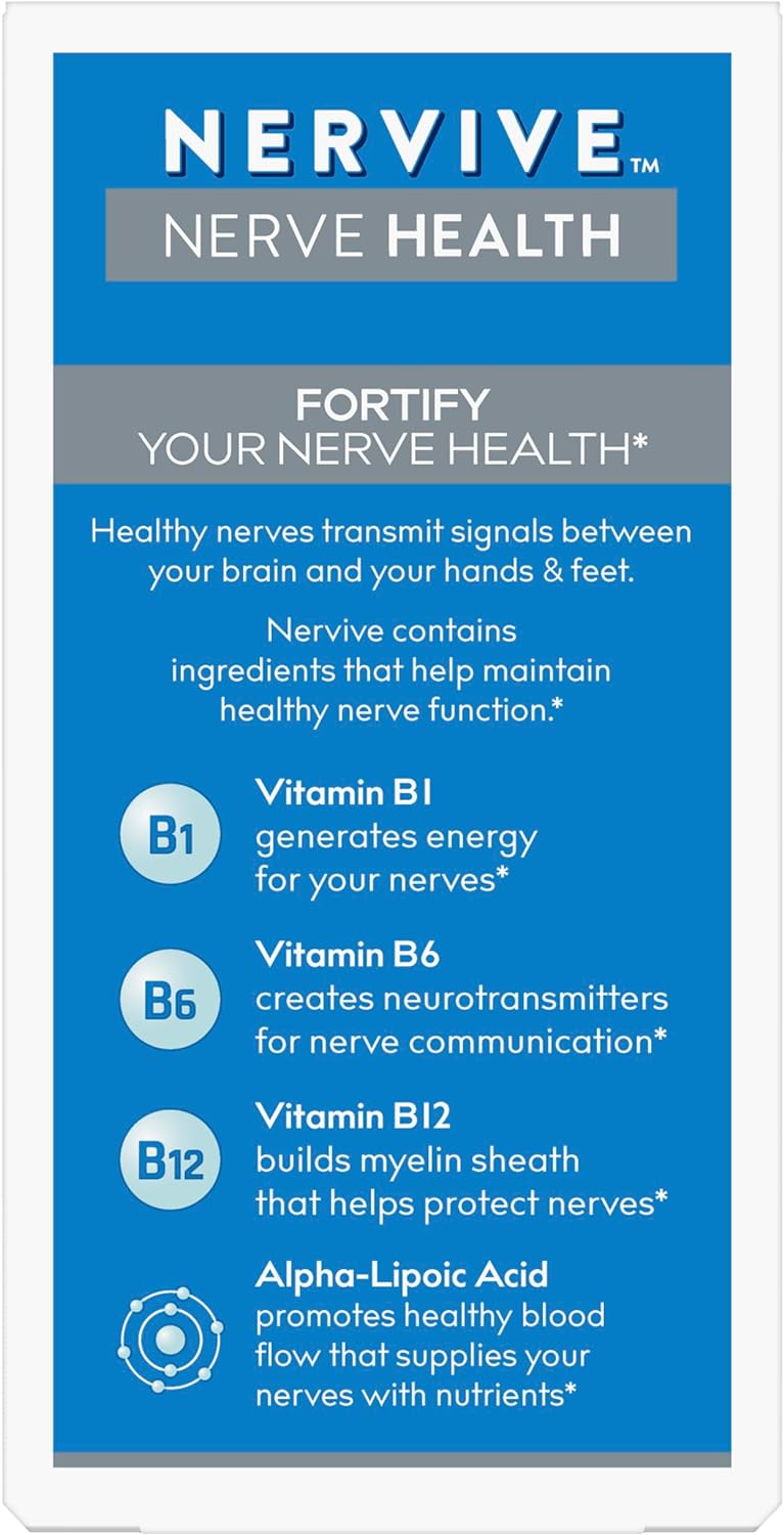 Nervive Nerve Health, with Alpha Lipoic Acid, to Fortify Nerve Health and Support Healthy Nerve Function in Fingers, Hands, Toes, & Feet*, ALA, Vitamins B12, B6, & B1, 30 Daily Tablets