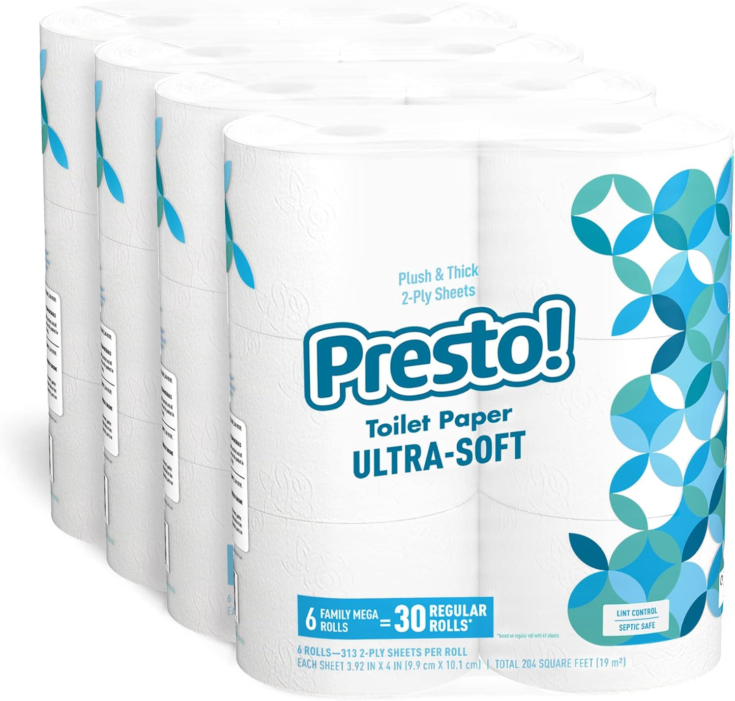 Amazon Brand - Presto! 2-Ply Toilet Paper, Ultra-Soft, Unscented, 24 Rolls (4 Packs of 6), Equivalent to 120 regular rolls