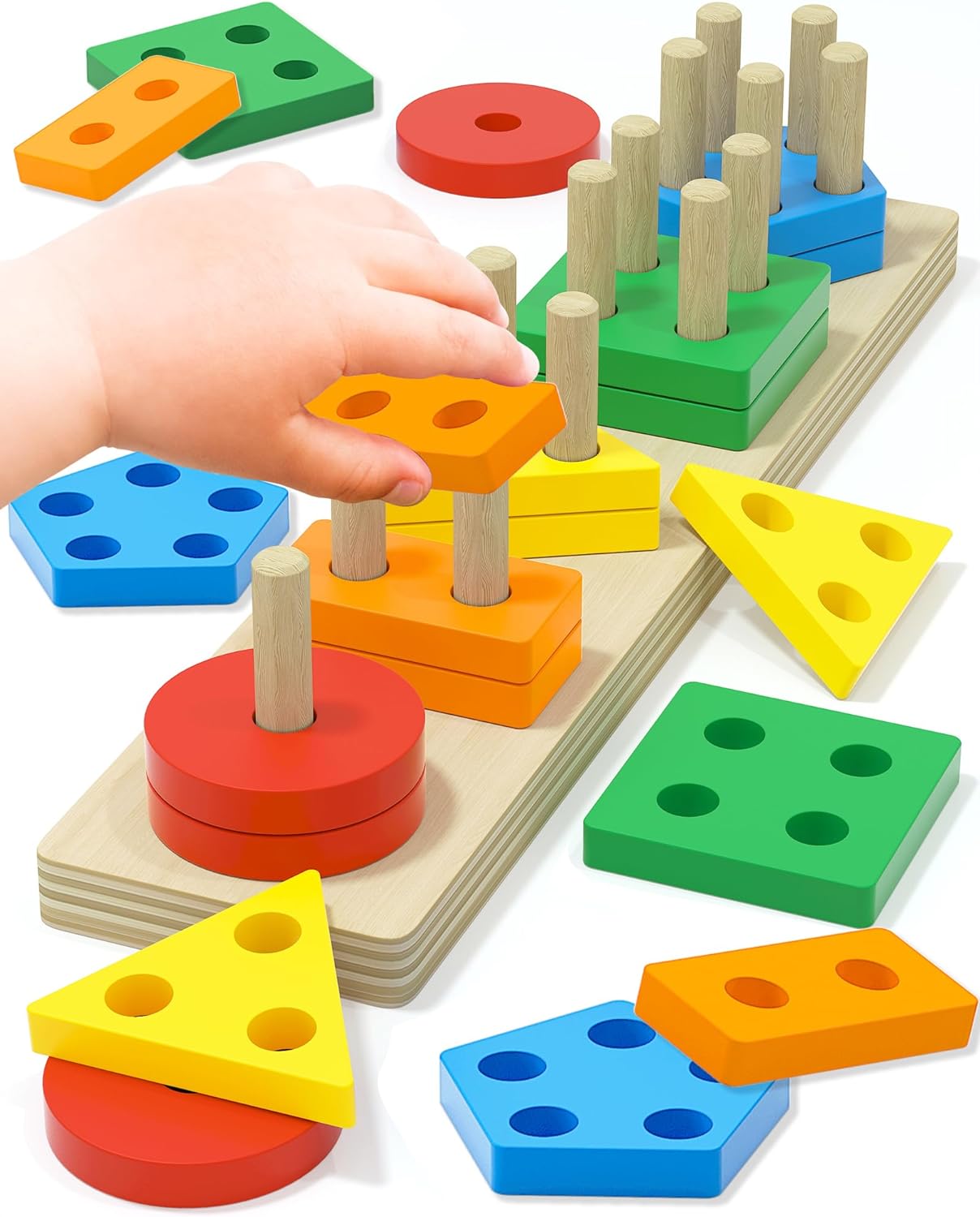 Montessori Toys for 1 2 3 Year Old Boys Girls, Toddler Toys Wooden Puzzles for Toddlers 1-3, Preschool Kids Educational Learning Toys, 1 2 Year Old Girl Boy Birthday Gifts, Shape Sorter Stacking Toys
