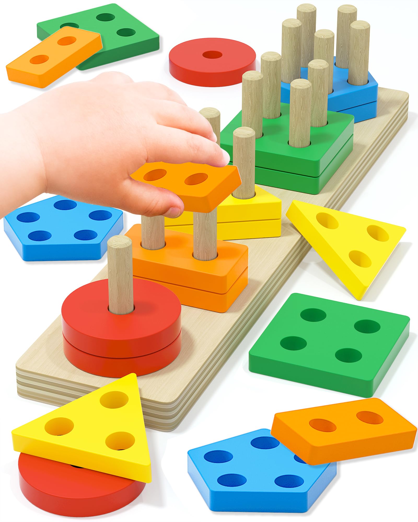 Montessori Toys for 1 2 3 Year Old Boys Girls, Toddler Toys Wooden Puzzles for Toddlers 1-3, Preschool Kids Educational Learning Toys, 1 2 Year Old Girl Boy Birthday Gifts, Shape Sorter Stacking Toys
