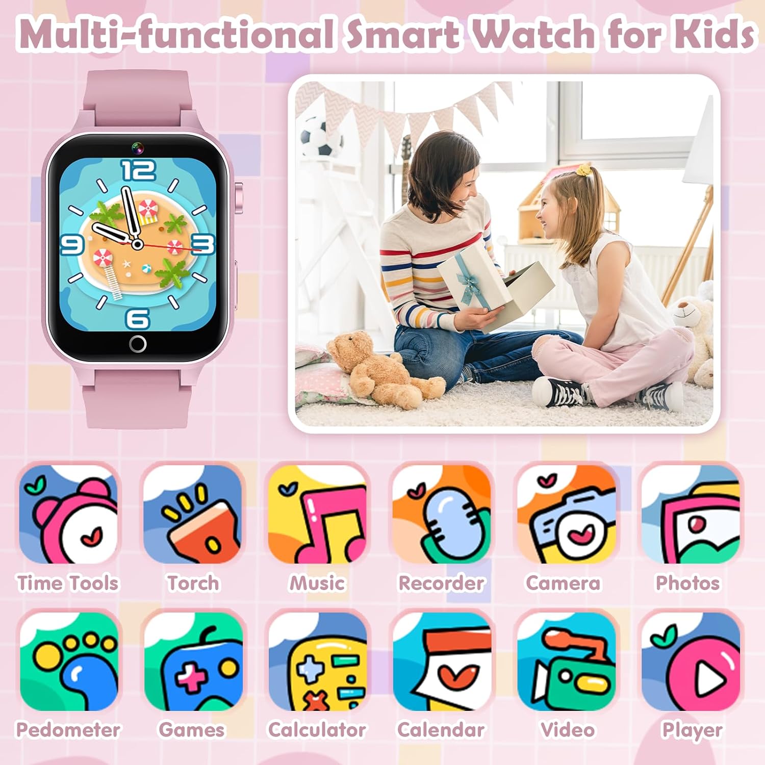 Luyiilo Smart Watch for Kids, Kids Smart Watch Girls Toys with 26 Puzzle Games, Touch Screen, HD Camera, Alarm Clock, Toys for Girls Ages 4-12 Years Old.Birthday Gift for Boys Girls (Pink)