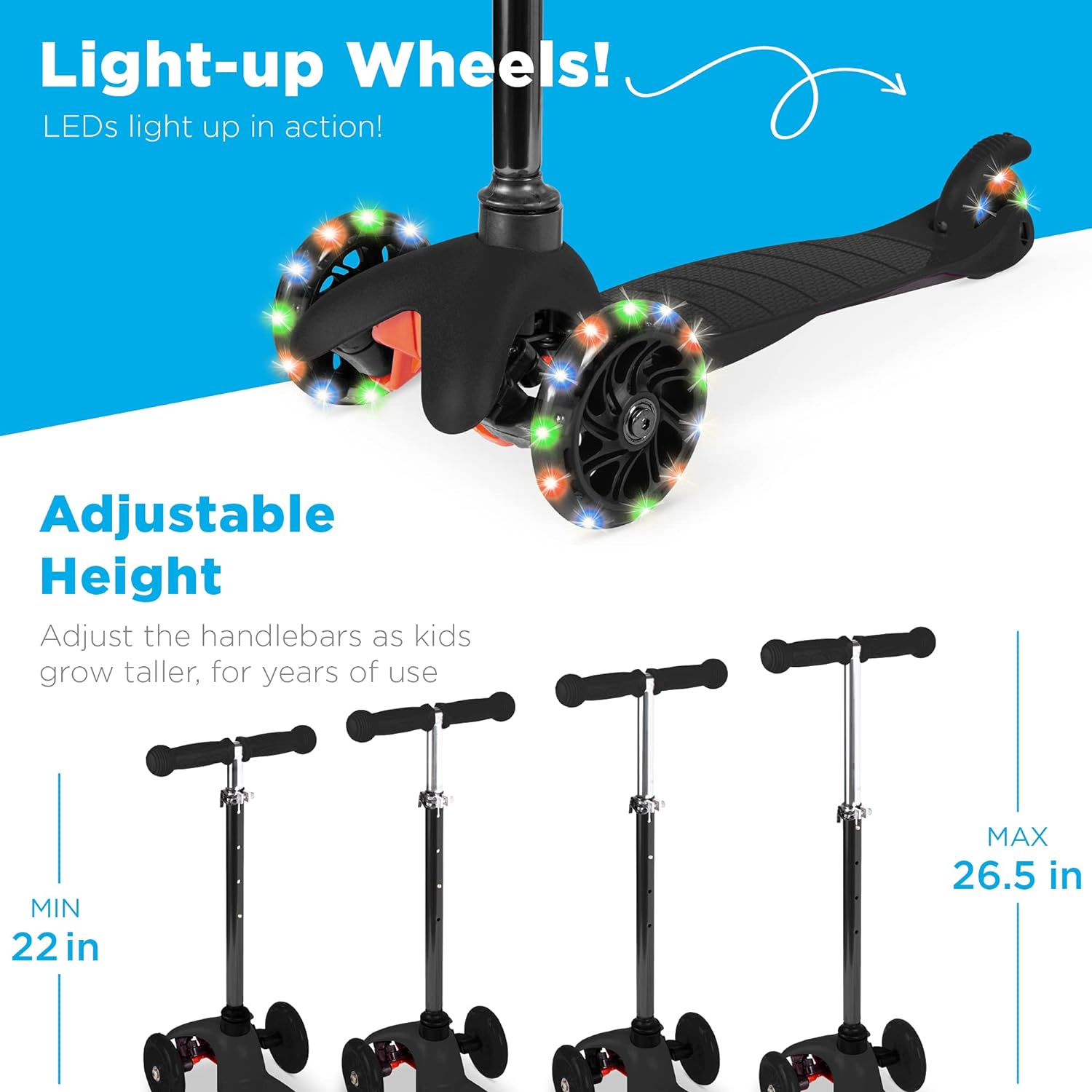 Best Choice Products Kids Mini Kick Scooter Toy w/Light-Up Wheels, Height Adjustable T-Bar, Foot Break - Black
