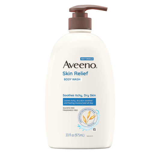 Aveeno Skin Relief Fragrance-Free Body Wash with Oat to Soothe Dry Itchy Skin, Gentle, Soap-Free & Dye-Free for Sensitive Skin, 33 fl. oz