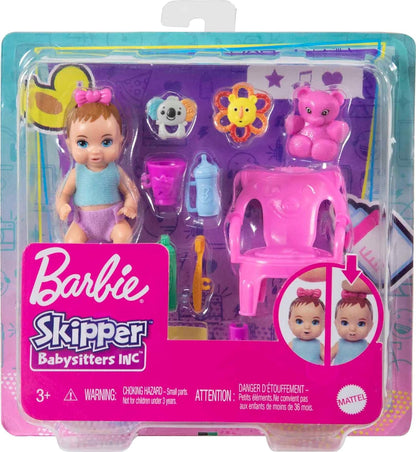 Barbie Skipper Babysitter First Tooth Playset with Skipper Doll, Baby Doll with Tooth Feature, Booster Seat and 8 Accessories