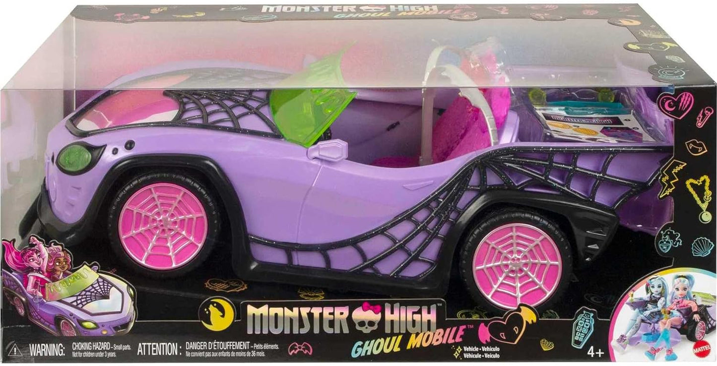 Monster High Toy Car, Ghoul Mobile with Pet and Cooler Accessories, Purple Convertible with Spiderweb Details Large, 4 years and older