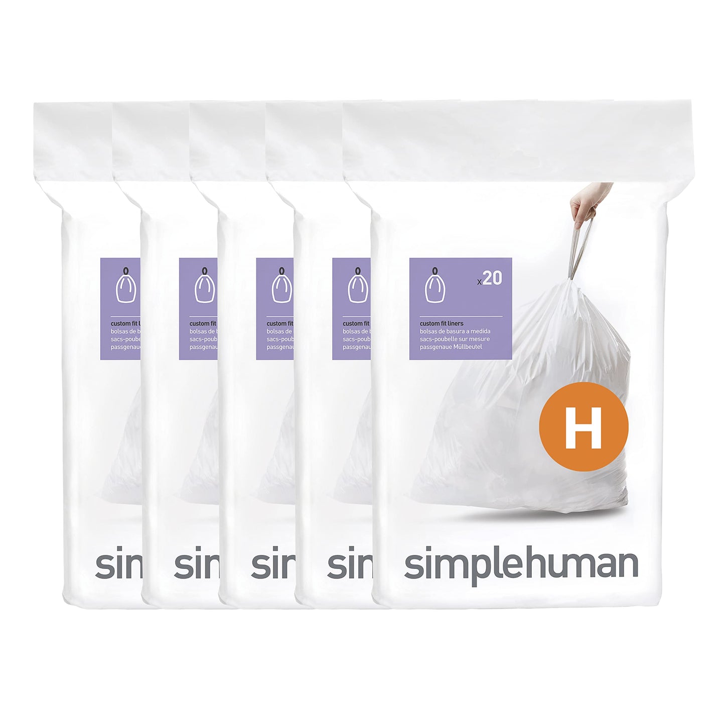 simplehuman Code H Custom Fit Drawstring Trash Bags, 100 Count, 30-35 Liter / 8-9 Gallon, White