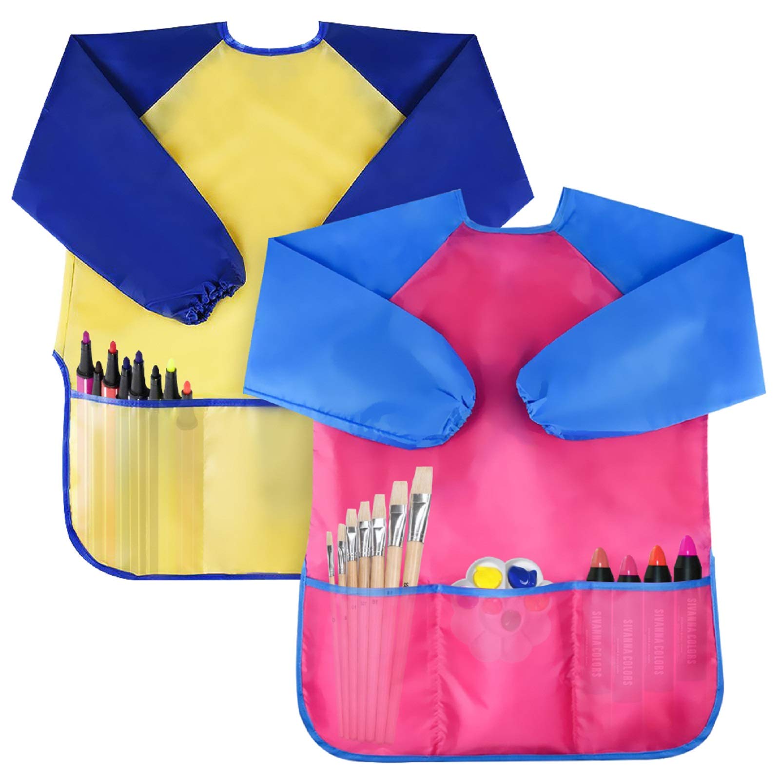 Bassion 2 Pack Kids Art Smocks Toddler Smock Waterproof Artist Painting Aprons Long Sleeve with 3 Pockets for Age 2-6 Years Gifts(yellow pink)