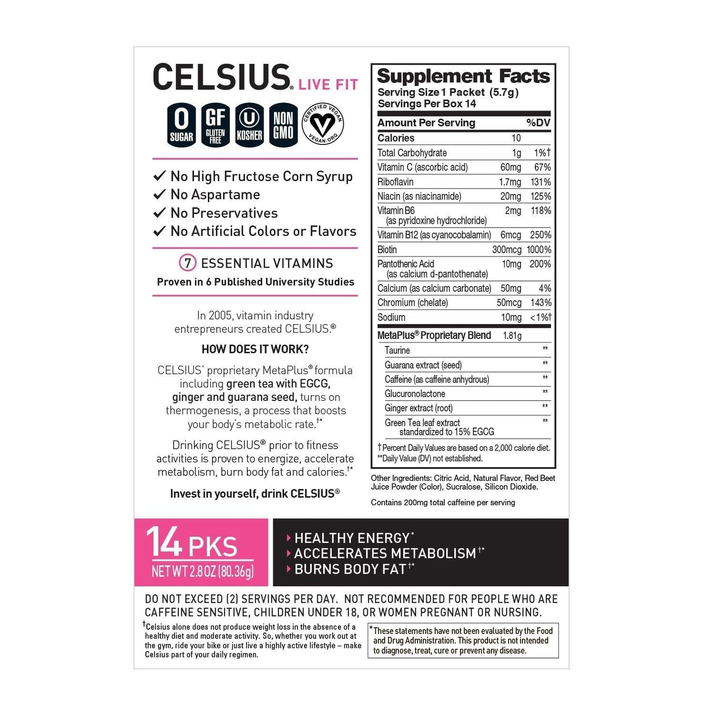 CELSIUS Dragonfruit Lime On-the-Go Powder Stick Packs, Zero Sugar 14 Count(Pack of 1)