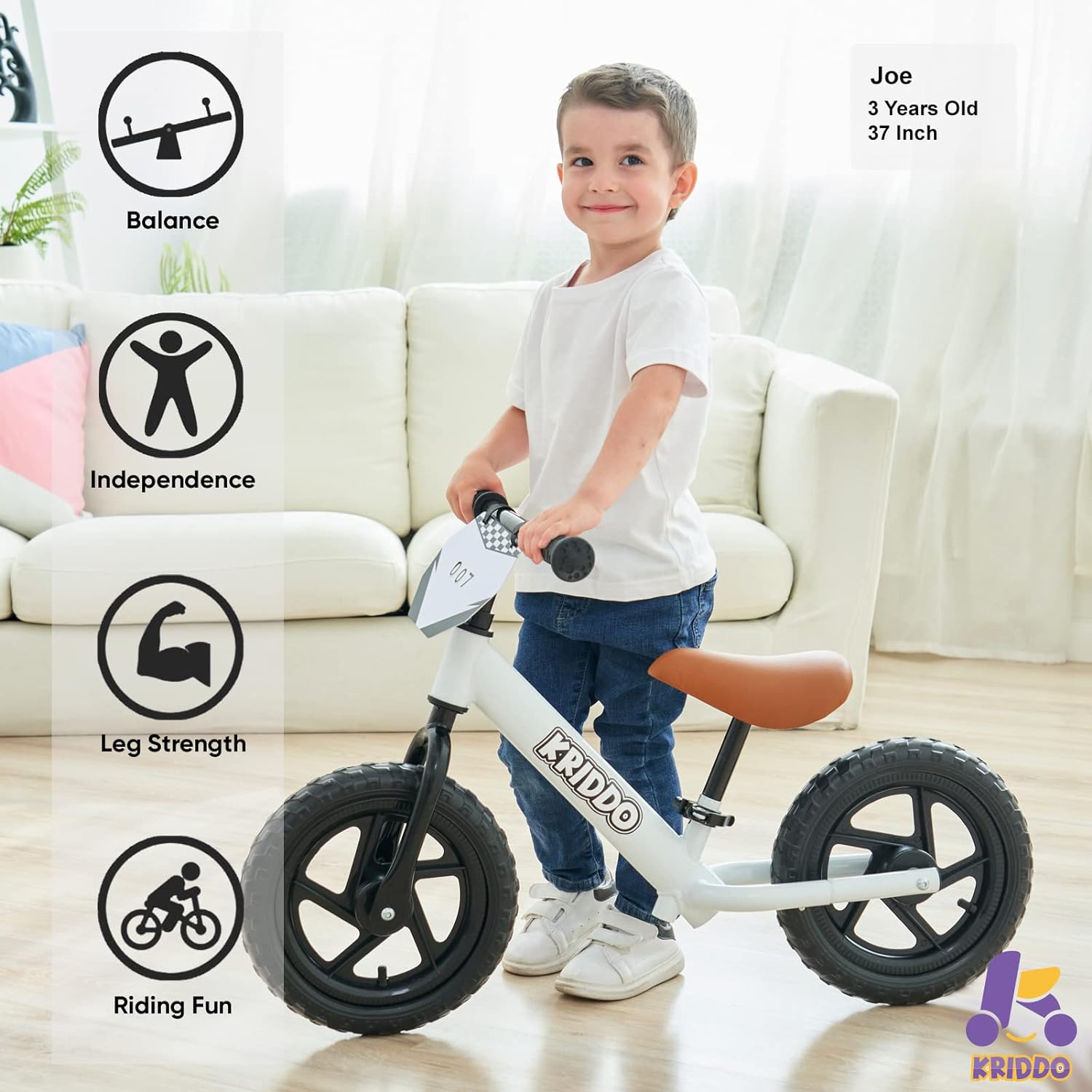 KRIDDO Toddler Balance Bike 2 Year Old, Age 24 Months to 5 Years Old, 12 Inch Push Bicycle with Customize Plate (3 Sets of Stickers Included), Steady Balancing, Gift Bike for 2-3 Boys Girls