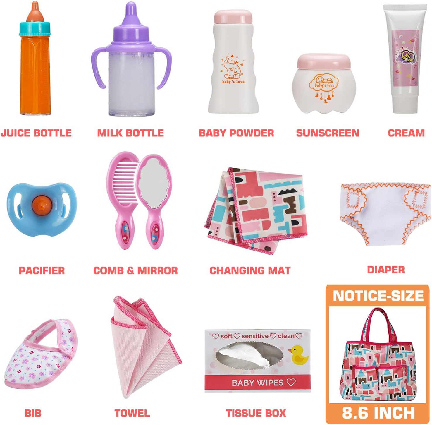 14 Pack Baby Doll Accessories, Baby Doll Feeding and Caring Set Includes Diaper Bag, Doll Diapers, Magic Bottle, Changing Mat for Girl Toddler Kid, Babies Pretend Play Set for Birthday Gift Christmas