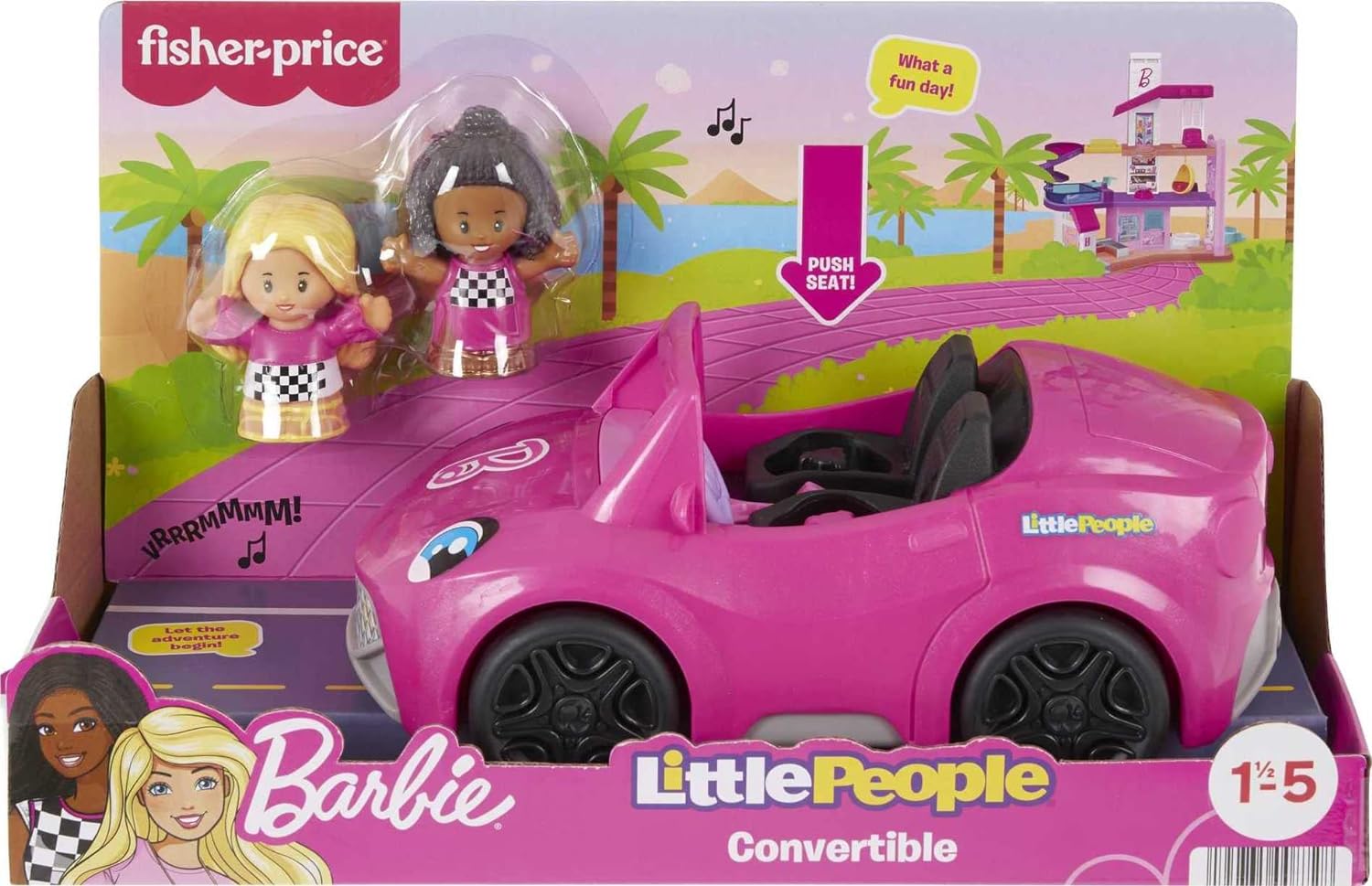 Fisher-Price Little People Barbie Toddler Toy Car Convertible with Music Sounds & 2 Figures for Pretend Play Ages 18+ Months