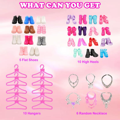 48 PCS Doll Clothes and Accessories 3 PCS Fashion Dresses 3 Tops 3 Pants 3 PCS Party Dresses 2 Sets Swimsuits Bikini 6 Braces Skirt 6 Necklace 10 Hangers and 15 pcs Shoes for 11.5 inch Doll