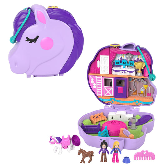 Polly Pocket Compact Playset, Jumpin' Style Pony with 2 Micro Dolls & Accessories, Travel Toys with Surprise Reveals