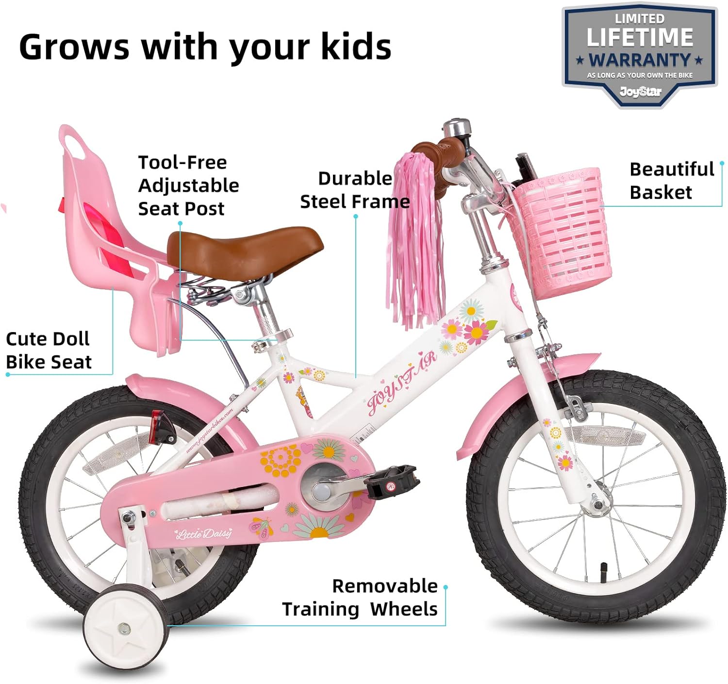 JOYSTAR Little Daisy Kids Bike for Girls Ages 2-12 Years, 12 14 16 20 Inch Princess Girls Bicycle with Doll Bike Seat, Training Wheels, Basket and Streamers, Kids Cycle Bikes, Multiple Colors