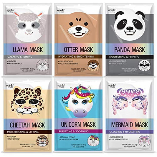 Epielle Character Sheet Masks | Korean Animal Spa Mask | -For All Skin Types | Spa gifts for women, Birthday Party Gift for her kids, Girls Night, Skincare Party, Stocking Stuffers (Assorted 6 pk)