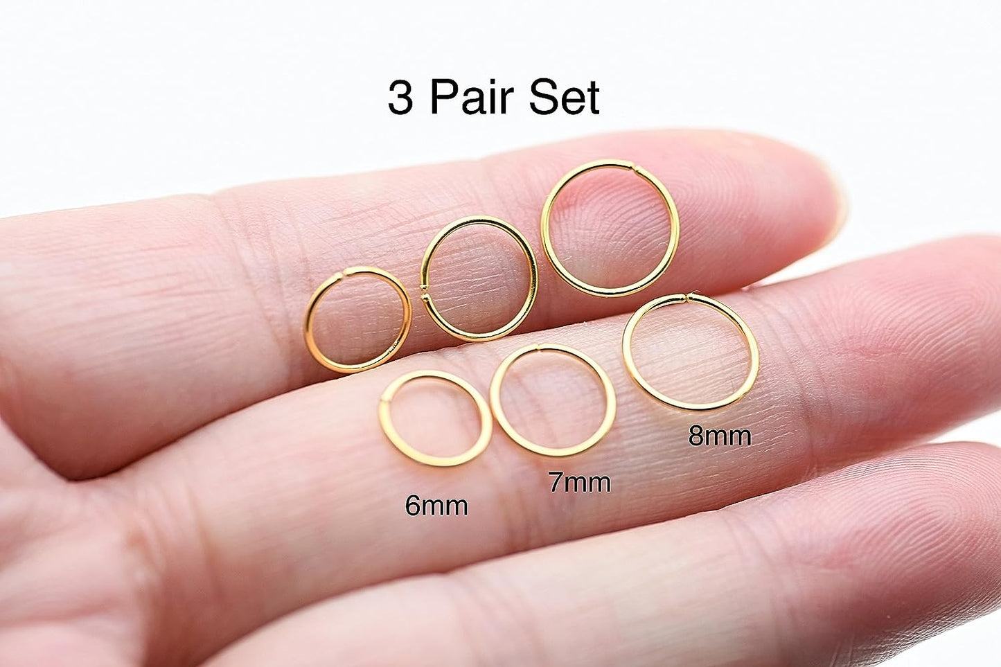 3 Pairs 14k Gold Plated Sterling Silver Small Hoop Earrings Set for Women Cartilage Nose Septum Helix Tragus Rings Multiple Piercing Jewelry, Hypoallergenic Thin Tiny Gold Hoops 6mm 7mm 8mm