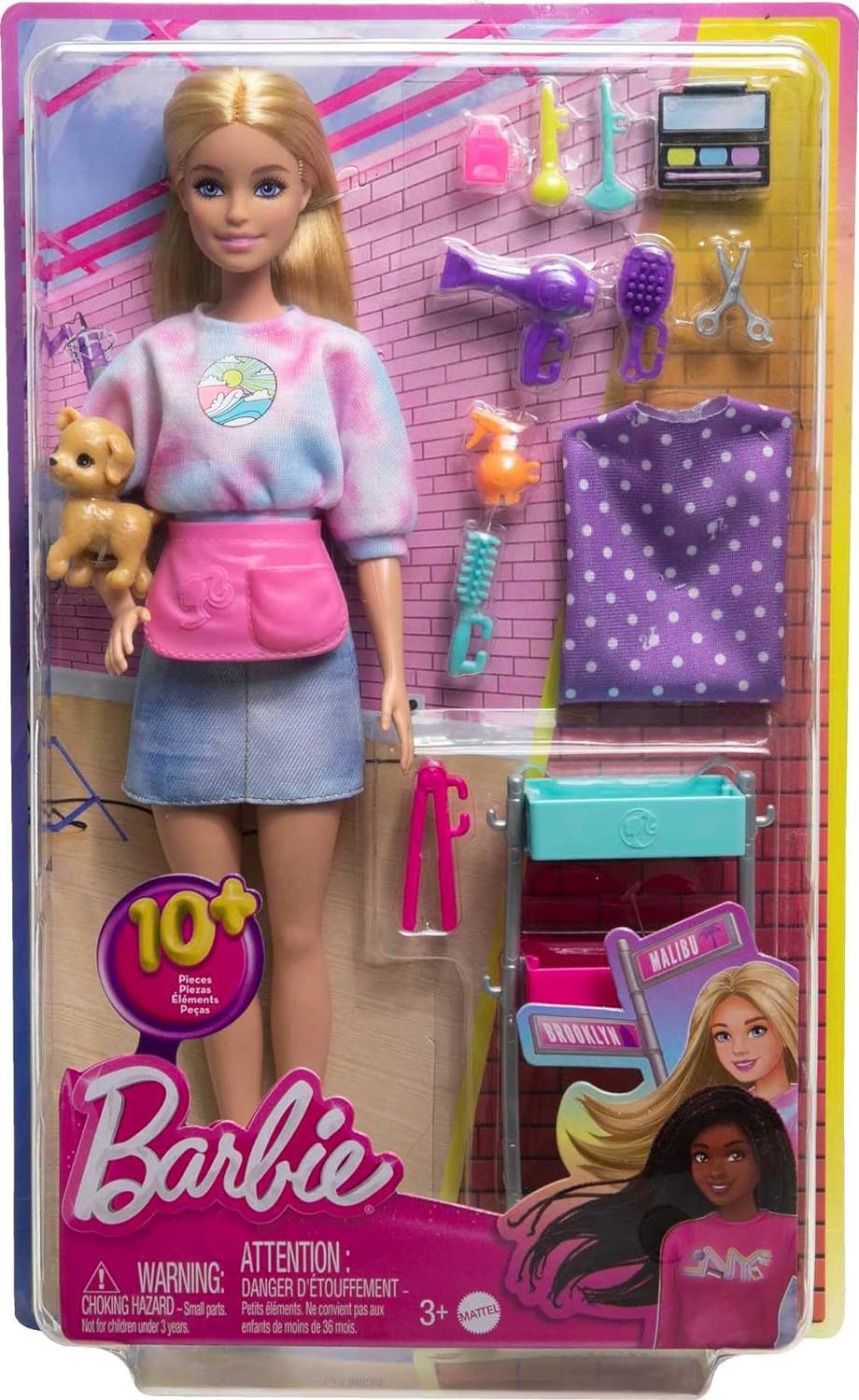 Barbie “Malibu” Stylist Doll & 14 Accessories Playset, Hair & Makeup Theme with Puppy & Styling Cart