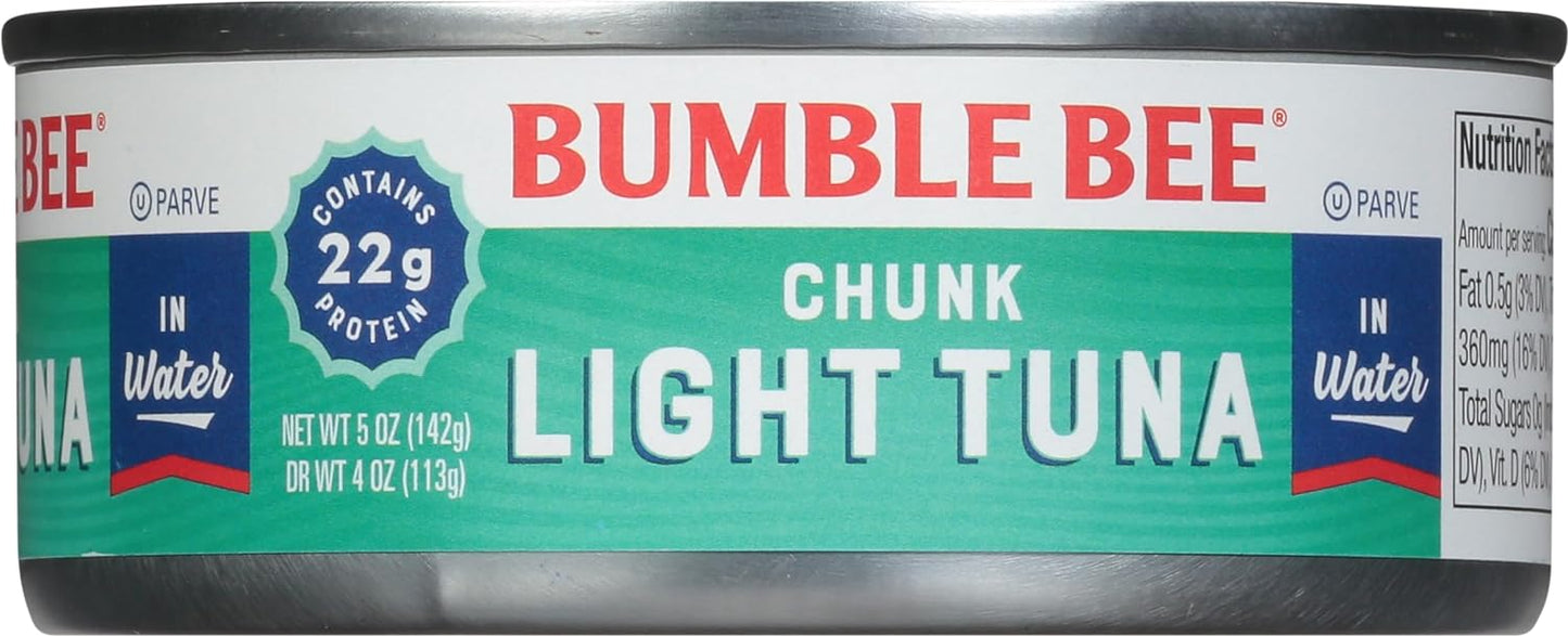 Bumble Bee Chunk Light Tuna In Water, 5 oz Cans (Pack of 24) - Wild Caught - 22g Protein Per Serving - Non-GMO Project Verified, Gluten Free, Kosher - Great For Tuna Salad & Recipes