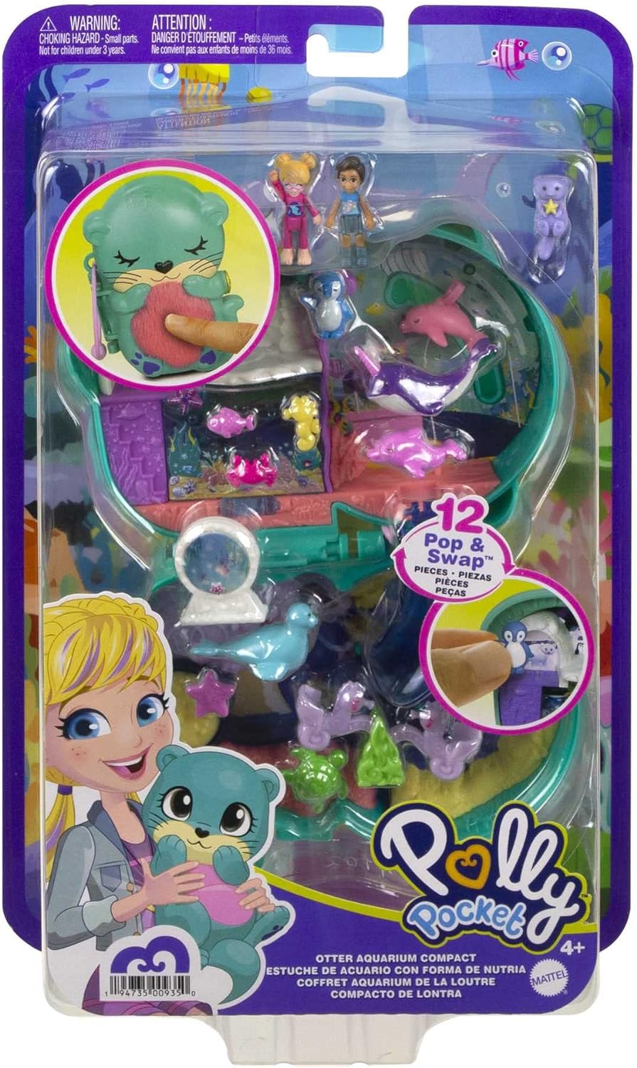 Polly Pocket Otter Aquarium Compact, Aquarium Theme with Micro Polly & Nicolas Dolls, 5 Reveals & 12 Accessories, Pop & Swap Feature, Great Gift for Ages 4 Years Old & Up (Amazon Exclusive)